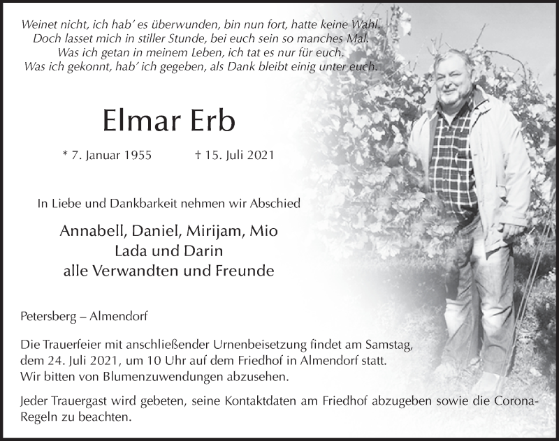  Traueranzeige für Elmar Erb vom 20.07.2021 aus FZ