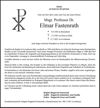 Traueranzeige von Elmar Fastenrath von FZ