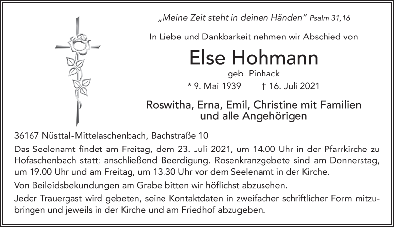  Traueranzeige für Else Hohmann vom 21.07.2021 aus FZ