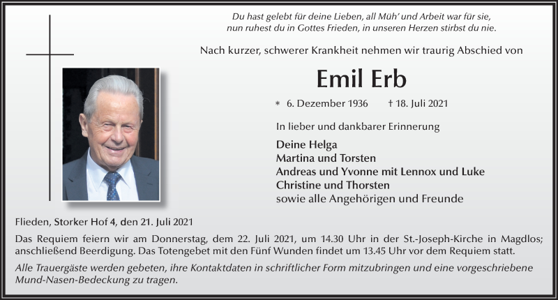  Traueranzeige für Emil Erb vom 21.07.2021 aus FZ