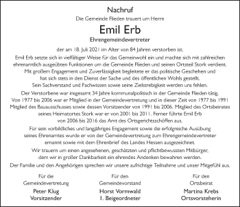 Traueranzeige von Emil Erb von FZ