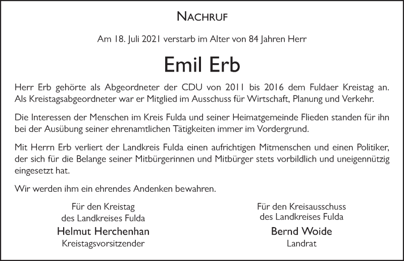  Traueranzeige für Emil Erb vom 21.07.2021 aus FZ