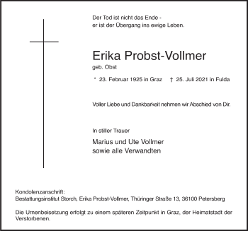 Traueranzeige von Erika Probst-Vollmer von FZ
