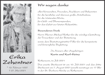 Traueranzeige von Erika Zehentner von FZ