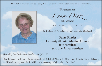 Traueranzeige von Erna Dietz von FZ