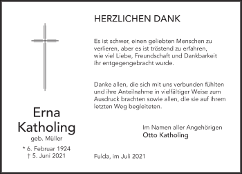 Traueranzeige von Erna Katholing von FZ