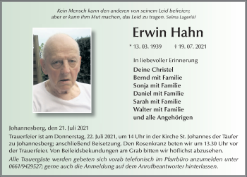 Traueranzeige von Erwin Hahn von FZ