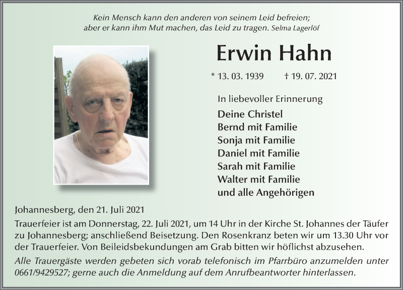  Traueranzeige für Erwin Hahn vom 21.07.2021 aus FZ