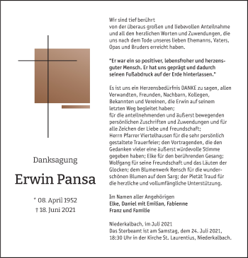 Traueranzeige von Erwin Pansa von FZ
