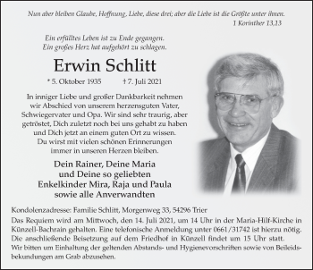 Traueranzeige von Erwin Schlitt von FZ