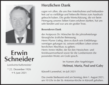 Traueranzeige von Erwin Schneider von FZ