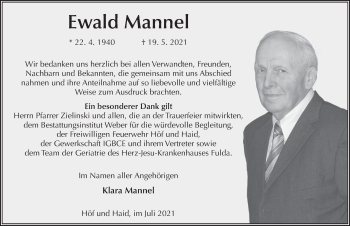 Traueranzeige von Ewald Mannel von FZ