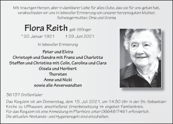 Traueranzeige von Flora Reith von FZ