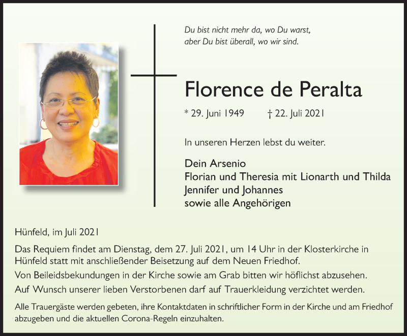  Traueranzeige für Florence de Peralta vom 26.07.2021 aus FZ