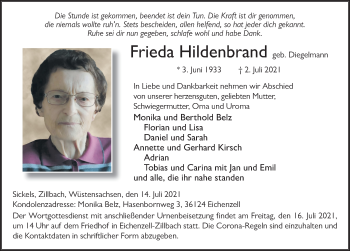 Traueranzeige von Frieda Hildenbrand von FZ