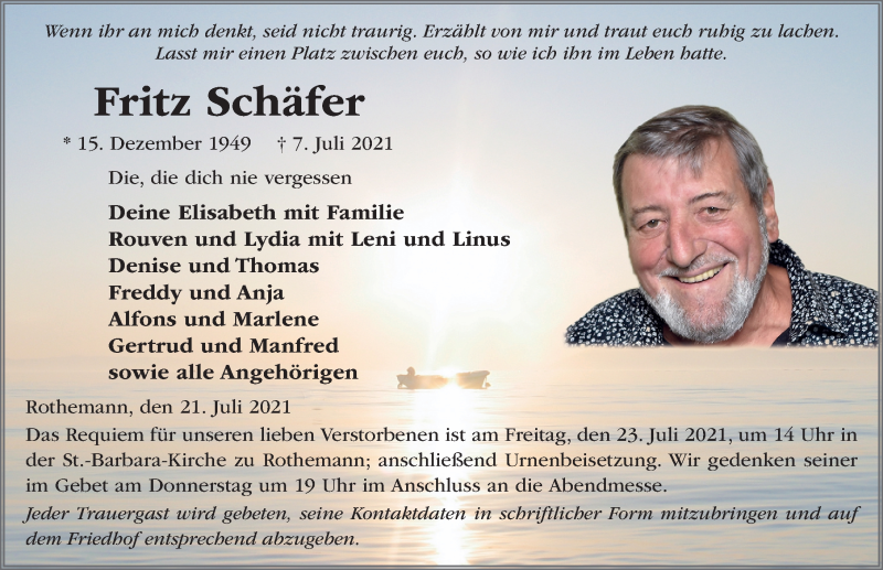  Traueranzeige für Fritz Schäfer vom 21.07.2021 aus FZ