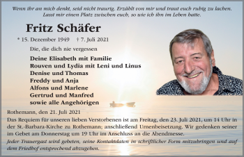 Traueranzeige von Fritz Schäfer von FZ