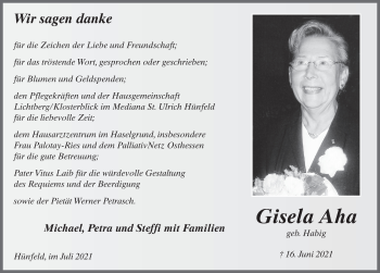 Traueranzeige von Gisela Aha von FZ