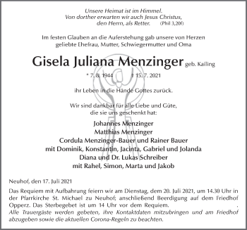 Traueranzeige von Gisela Menzinger von FZ