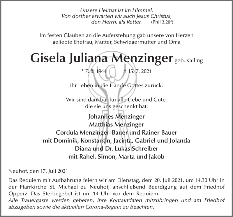  Traueranzeige für Gisela Menzinger vom 17.07.2021 aus FZ