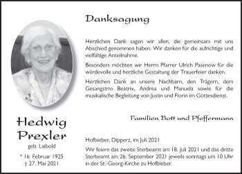 Traueranzeige von Hedwig Prexler von FZ