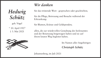 Traueranzeige von Hedwig Schütz von FZ