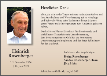 Traueranzeige von Heinrich Rosenberger von FZ
