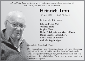 Traueranzeige von Heinrich Trott von FZ