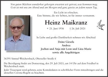 Traueranzeige von Heinz Maikranz von FZ