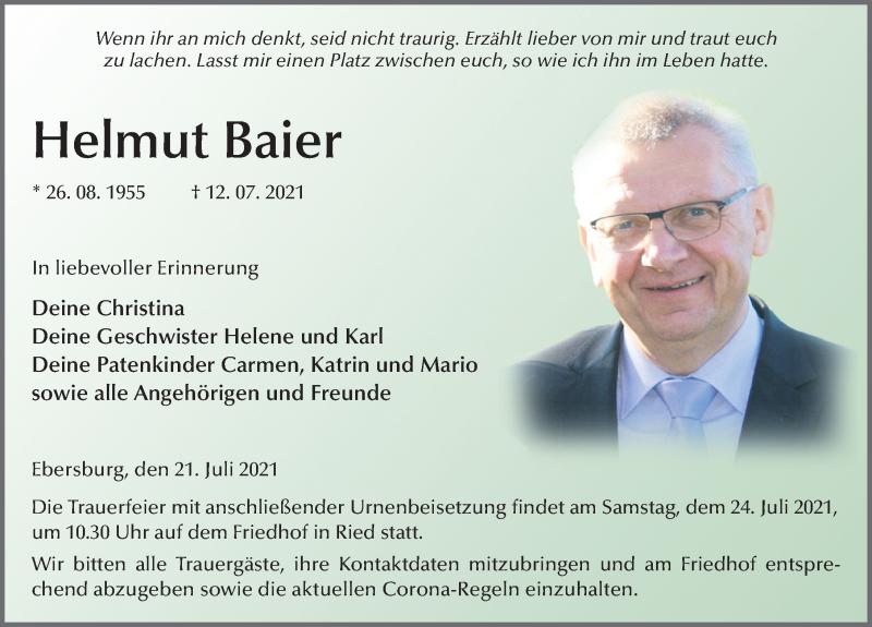  Traueranzeige für Helmut Baier vom 21.07.2021 aus FZ