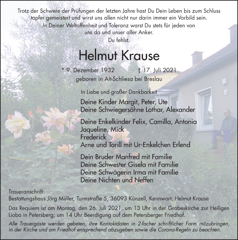  Traueranzeige für Helmut Krause vom 22.07.2021 aus FZ