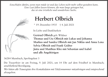 Traueranzeige von Herbert Olbrich von FZ