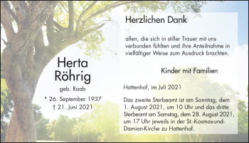 Traueranzeige von Herta Röhrig von FZ
