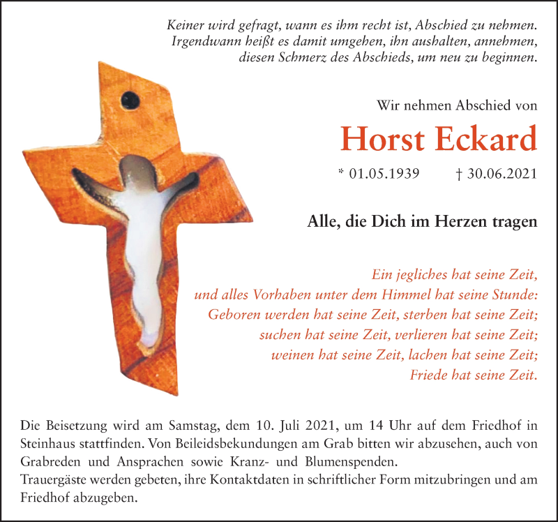  Traueranzeige für Horst Eckard vom 08.07.2021 aus FZ