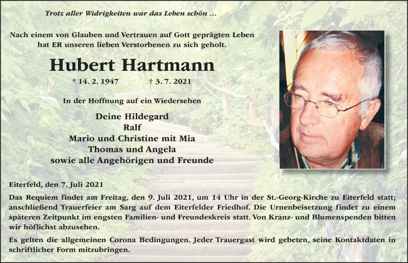  Traueranzeige für Hubert Hartmann vom 07.07.2021 aus FZ