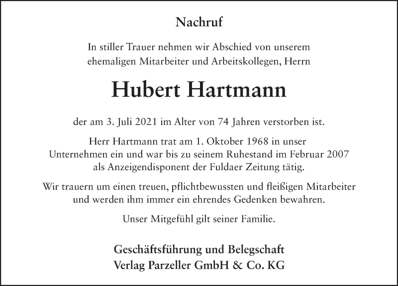  Traueranzeige für Hubert Hartmann vom 07.07.2021 aus FZ