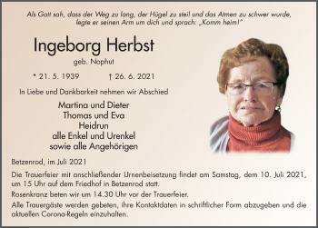 Traueranzeige von Ingeborg Herbst von FZ