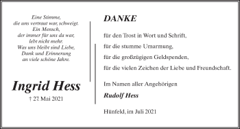 Traueranzeige von Ingrid Hess von FZ