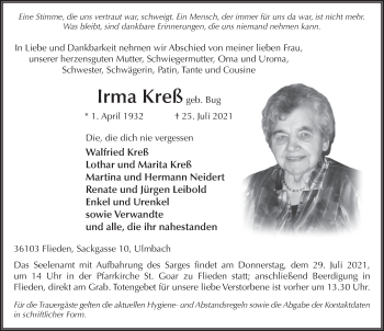Traueranzeige von Irma Kreß von FZ