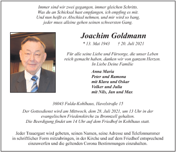 Traueranzeige von Joachim Goldmann von FZ