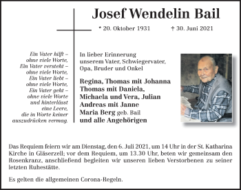 Traueranzeige von Josef Wendelin Bail von FZ
