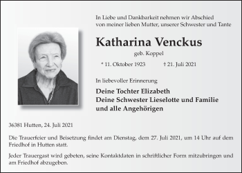 Traueranzeige von Katharina Venckus von FZ