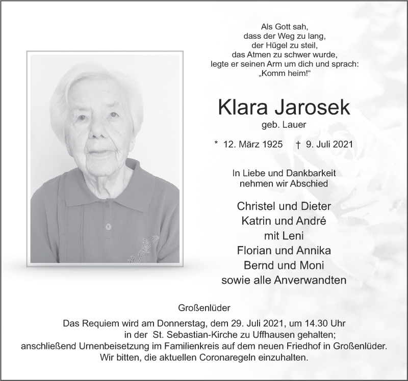  Traueranzeige für Klara Jarosek vom 27.07.2021 aus FZ