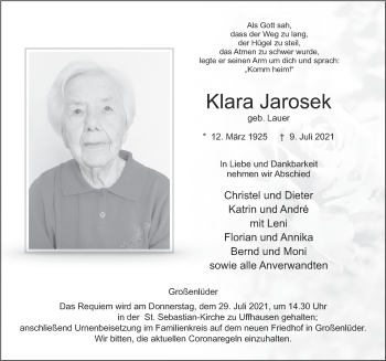 Traueranzeige von Klara Jarosek von FZ
