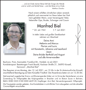 Traueranzeige von Manfred Biel von FZ