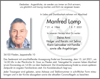 Traueranzeige von Manfred Lomp von FZ