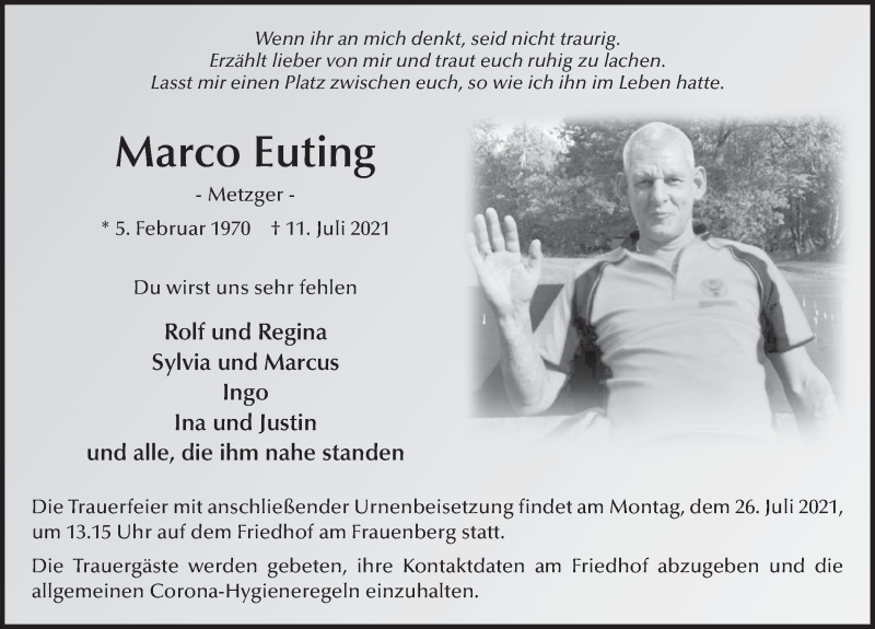  Traueranzeige für Marco Euting vom 17.07.2021 aus FZ