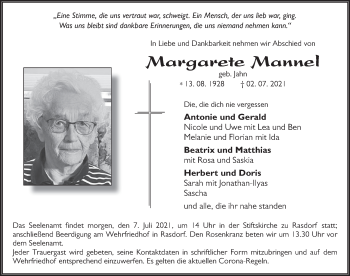 Traueranzeige von Margarete Mannel von FZ