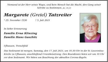 Traueranzeige von Margarete Tatzreiter von FZ