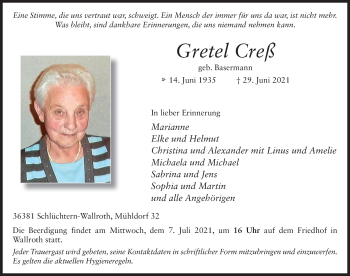 Traueranzeige von Margarethe Creß von FZ